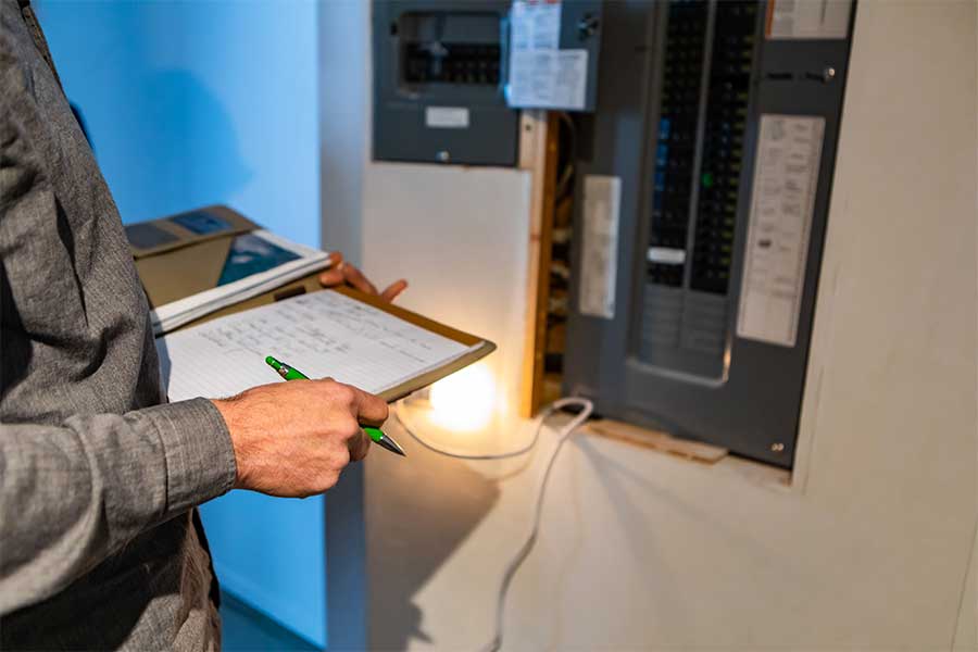 Electrician diagnosing an electrical issue during an emergency service call